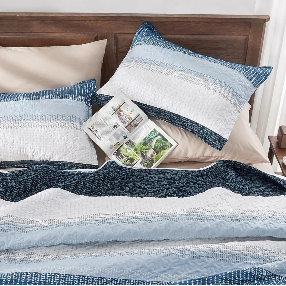 Navy Blue Striped Quilt Queen, 3 Pieces Coverlet Set New